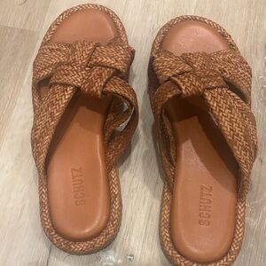 SCHUTZ Woven Leather Slide Sandals in Cognac Brown
